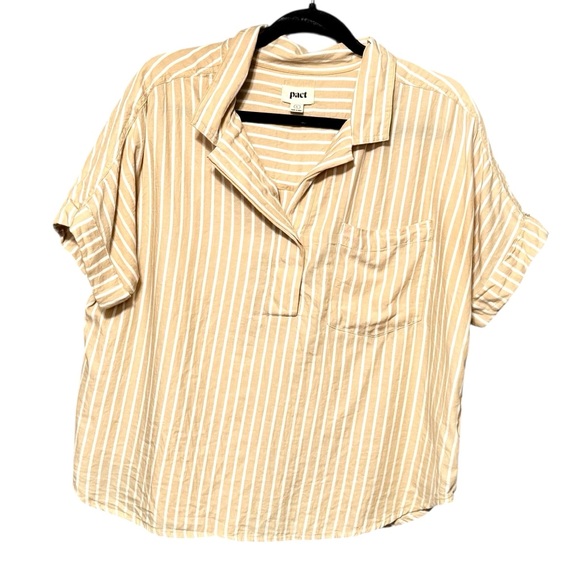 Pact Organic Cotton Tan White Striped Boxy Pullover Collared Blouse Top - Picture 2 of 11